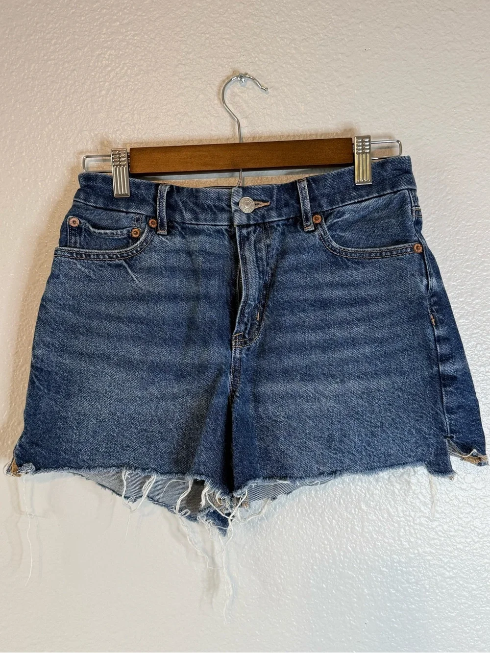 American Eagle Curvy Relaxed Denim Shorts Size 2 Dark Wash High Rise Frayed Hem